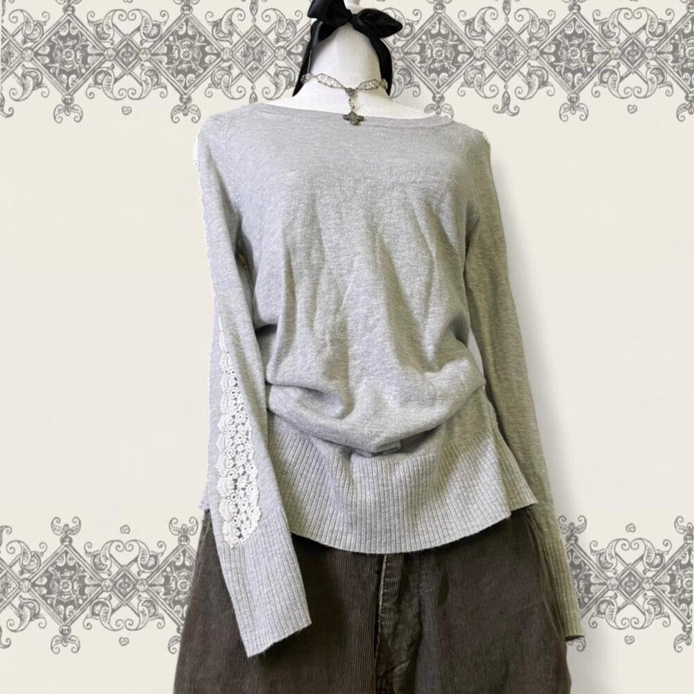 LC Lauren Conrad gray long sleeve sweater with open lace sleeves